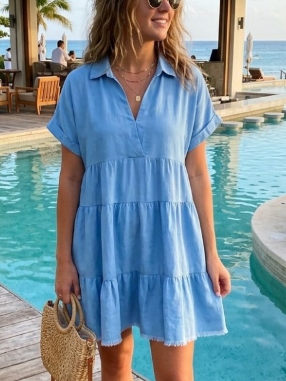 Umgee Blue Collared Tiered Mini Dress Linen Blend Size Large Coastal Chic